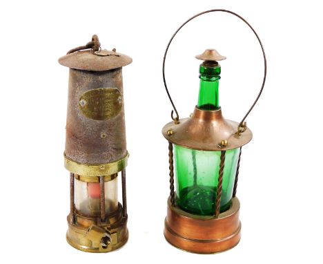 A Davies-Kirby approved type number miner's lamp, of circular outline, converted to electricity, 30cm H and a copper lantern,