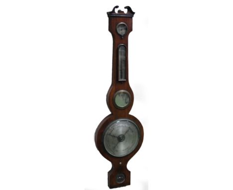 A 19thC five dial banjo barometer, signed I T Briggs, Spalding, in a broken swan neck pedimented hood, with dry/damp feature,