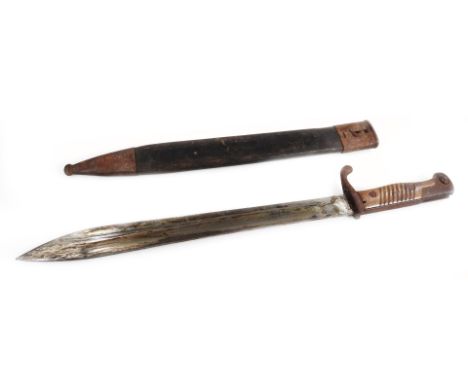 A GEBR Hartkop Solingen bayonet, with wooden grip, leather and metal scabbard and plain blade, 54cm W.