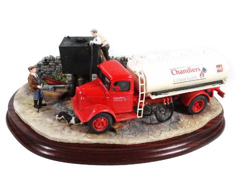 A Border Fine Arts figure group, Fuelling The Farm with a Chandlers oil tanker, on wooden base, 34cm W, Sculptor R. T Ayres, 