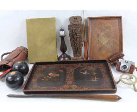 Various bygones and collectables, to include a lacquer tray, 59cm W, bowls, cased camera, lamp standard, etc.  (a quantity)