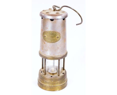 A Lamp and Limelight colliery miner's lamp, of cylindrical outline, in brass and chrome colours, with hook top, 24cm H.