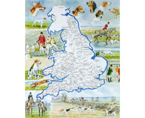 After Rosemary Coates. Hunting map, to include Veil of Aylesbury, artist limited edition print, no.21 of 500, signed and numb