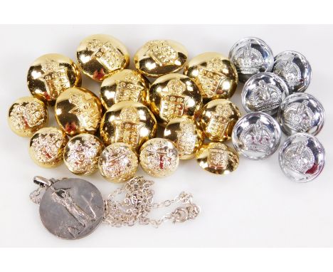 Various polished military and other brass buttons, 3cm dia., and a Festival medallion on slender link chain.  (a quantity)