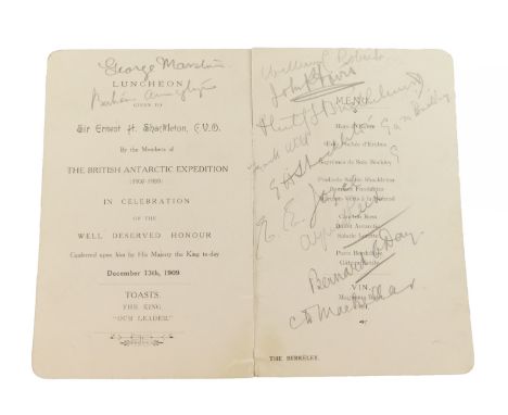 The British Antarctic Expedition 1907-1909 led by Ernest Shackleton - December 13th 1909. A Signed Menu Card, for The Luncheo