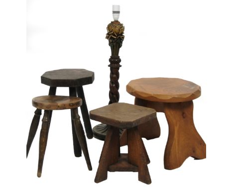 Various treen, etc, to include an octagonal topped three pronged milking stool, 31cm H, 20cm W, 20cm D, carved floral standar