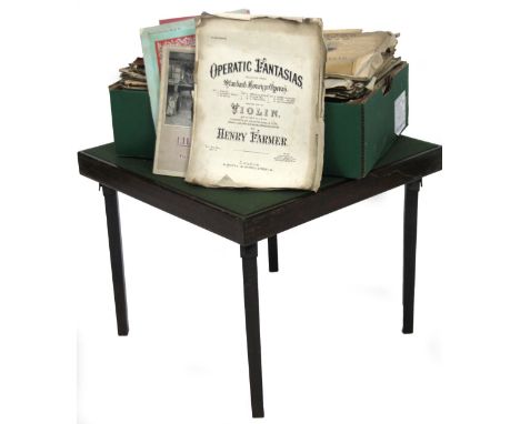 A baize top folding card table, with stained beech frame and visible dovetails, 60cm W, and various sheet music.  (a quantity