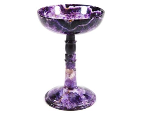 A Blue John chalice, with shallow circular bowl, on a turned stem and stepped circular foot, in vibrant dark purple and ameth