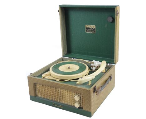 A mid 20thC Dansette vintage mains record player, with hinged lid revealing turn-table and articulated arm, in case, in green