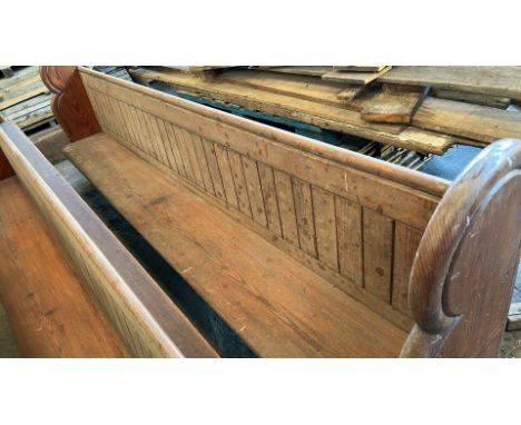 Church pew, (currently propped up), 297cm L x 106cm H x 50cm D