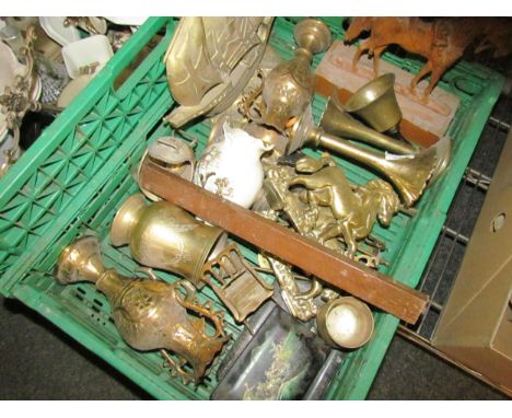Two mixed boxes containing ceramics and brass, wash jug, scales and door stops etc 