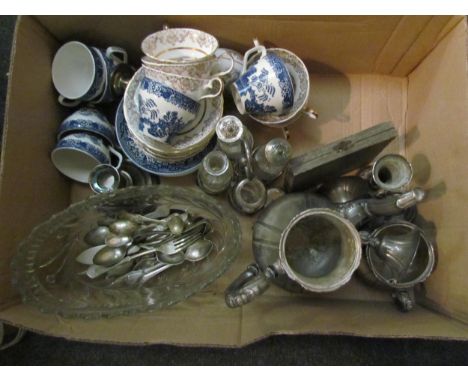 A quantity of assorted white metal items including flatware, condiment set etc, some a/f and a selection of china ware includ