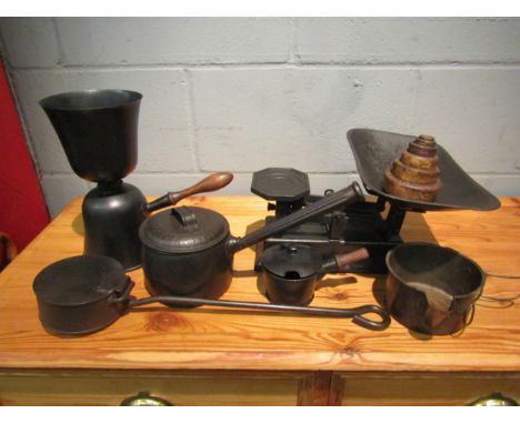 A selection of kitchenalia including a pair of scales, cooking pots etc 