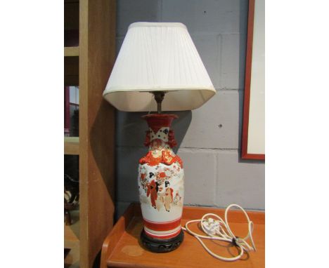 A Japanese design table lamp with scene of girls by lakeside with mountains to background, applied dogs to neck, with shade 