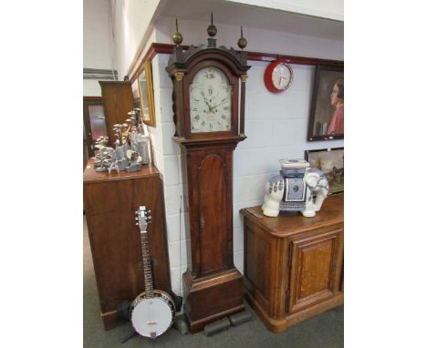 A late 18th Century mahogany longcase clock, the painted face named "Simpson, Yarmouth", with key, pendulum and two weights. 