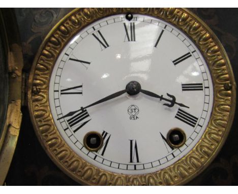 A Roccoco style mantel clock with enamel dial, St, USA, inlaid decoration with gilt metal and ornamentation 