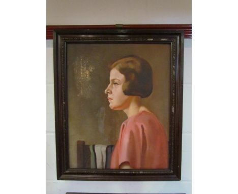 A 1930's oil on canvas depicting a portrait of a young woman with college scarf to background, framed, 54cm x 44cm. A/F in on