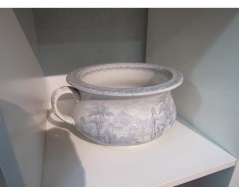 A blue and white transfer ware chamber pot together with lustre ware tea cups and saucers, etc some a/f 