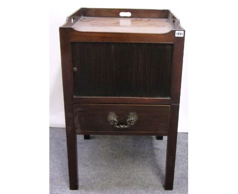 A George III mahogany tray top night commode, with tambour panel over single drawer on block supports, 48cm wide. 