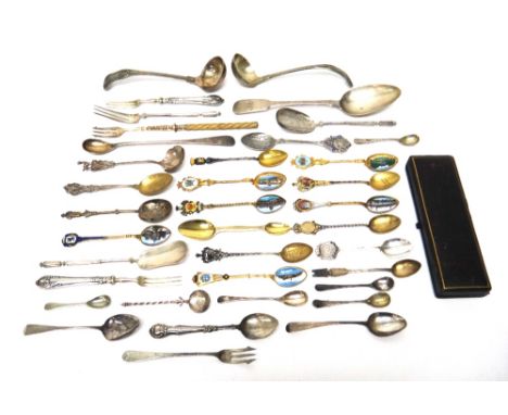 A silver gilt Victorian double ended medicine spoon, with engine turned decoration, London 1856, a fiddle pattern tablespoon,