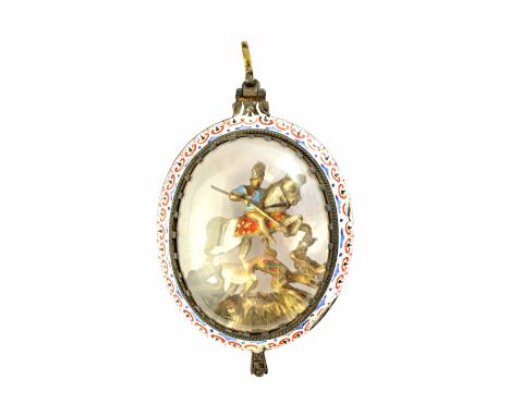 An enamelled oval pendant locket, glazed within with St George slaying the dragon within an enamelled surround, probably Aust