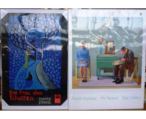 Four David Hockney posters; 'De Frau Ohne Schatten, Richard Strauss' (70cm x 50cm), 'Wider perspectives are needed now, Arles