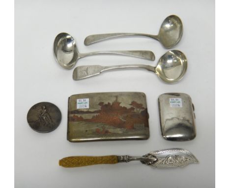 Silver and silver mounted wares, comprising; a pair of Old English pattern sauce ladles, London 1806, a fiddle pattern sauce 