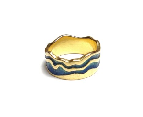 An 18ct gold and blue/green enamelled wide band ring, decorated with two undulating enamelled bands, by Sheila Fleet, Orkney,