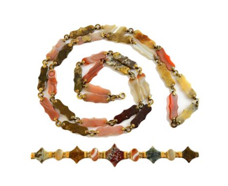 A mid 19th century gold mounted, vary coloured agate panel link necklace, the vary coloured agate links, connected by gold pl