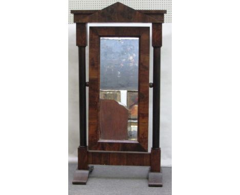 A 19th century German mahogany and stained beech framed cheval mirror, with architectural moulded frieze, 102cm wide x 195cm 