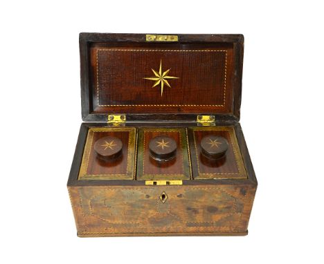 A George III inlaid mahogany tea caddy, with triple lidded canister interior, 26cm wide.  Illustrated