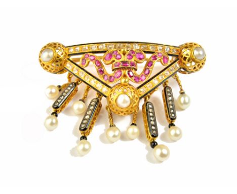 A gold, ruby and diamond set, enamelled and pearl brooch, of curved triangular form, the front mounted with pendant drops, wi