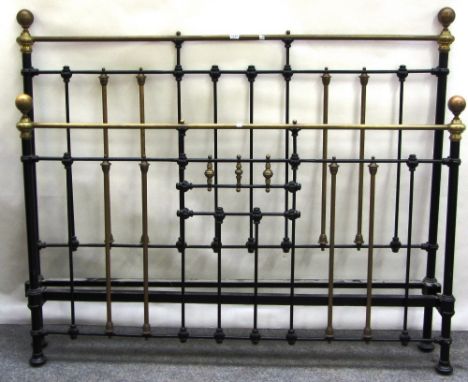 A Victorian style brass and black painted double bed with sphere finial decoration, 155cm wide.