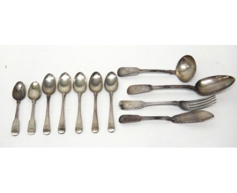 Silver table flatware, comprising; five Old English pattern teaspoons, probably London 1802 and fiddle pattern flatware, comp