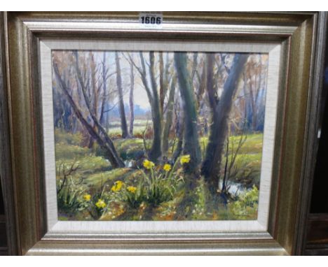 Mervyn Goode (b.1948), Unexpected daffodils near the brook; Oak, Sheep and Poppies; Calves gathering by gate, three, oil on c