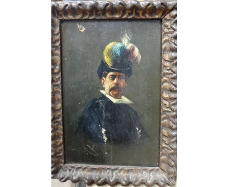 J. Millan (19th century), Portrait of a gentleman in a plumed hat, oil on panel, signed, 24cm x 15.5cm.