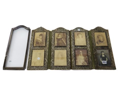 A late Victorian silver plated metal mounted multiple section photograph display stand, of folding screen form, comprising; f