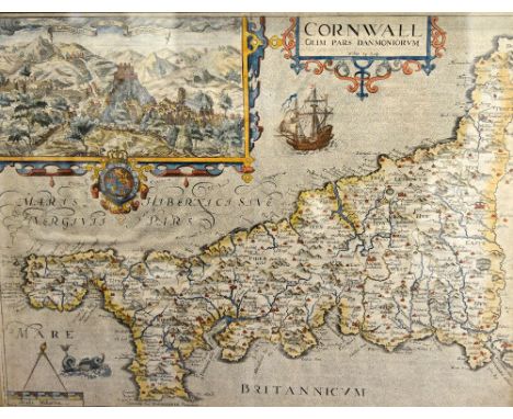 SAXTON / KIP series.  Cornwall  . . .  hand-coloured, 30 x 40cms. cartouche title, inset view of Launceston Castle, township 