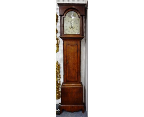 An early 19th century oak and mahogany banded eight day longcase clock, with painted dial and two train movement (adapted to 