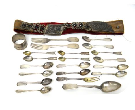 Russian wares, comprising; a napkin ring, a small fork, two pairs of coffee spoons, eight fiddle pattern teaspoons, two fiddl