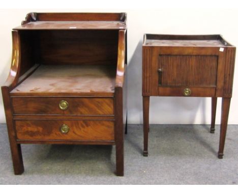 An 18th century mahogany lift top commode, with pair of dummy frieze drawers on square supports, 57cm wide, together with a C