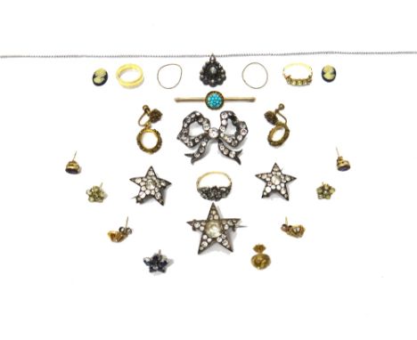 A 9ct gold and turquoise set cluster bar brooch, three colourless paste set brooches, designed as stars, a colourless paste s