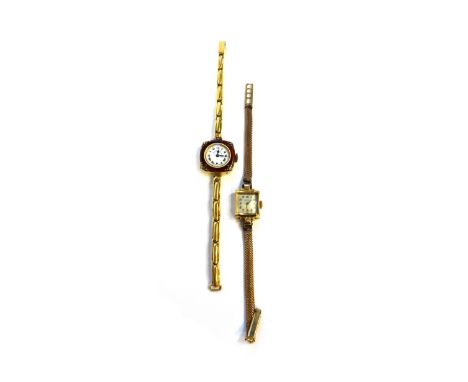 A lady's gold cased and enamelled curved square cased wristwatch, with a circular jewelled lever movement, the enamelled dial