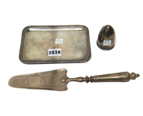 A French rectangular card tray, with a decorated border, a French serving slice, with engine turned decoration to the blade a