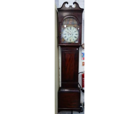 An early Victorian mahogany eight day longcase clock, the domed and painted dial plate with two subsidiary dials detailed 'P.