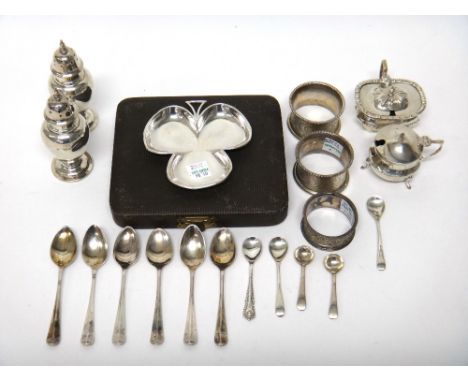 Silver, comprising; a set of six coffee spoons, Sheffield 1931, cased, a pair of baluster shaped pepperettes, London probably