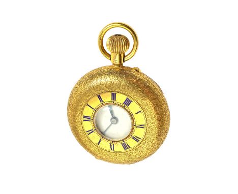 A lady's 18ct gold cased keyless wind, half hunting cased fob watch, the enamelled dial with black Roman numerals and with bl