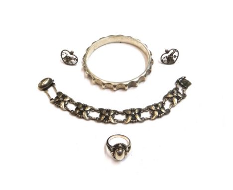 A group of Georg Jensen silver jewellery, comprising; a circular bangle, having ridged decoration, detailed N.D 160, a bracel
