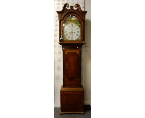 An eight day longcase clock, 18th century, the thirteen inch arch top dial signed 'John Ellebys, Ashbourne', the hood with br