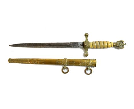 A German kriegsmarine dagger, with double edged engraved steel blade, anchor embossed cross guard hilt, wire bound composite 